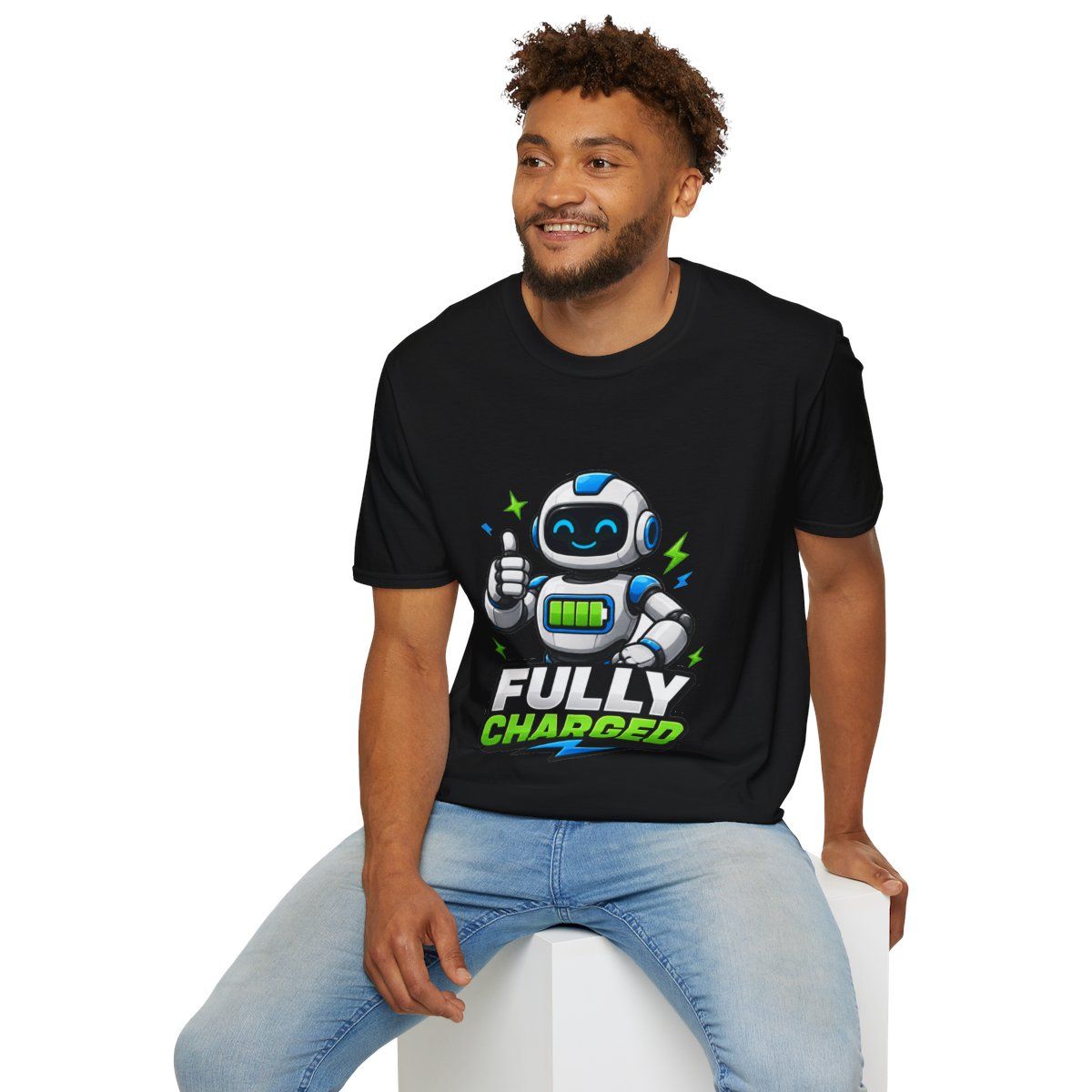 "Unisex" Fully Charged Robot T-Shirt | Cute Thumbs Up Battery Mascot| Work Tees